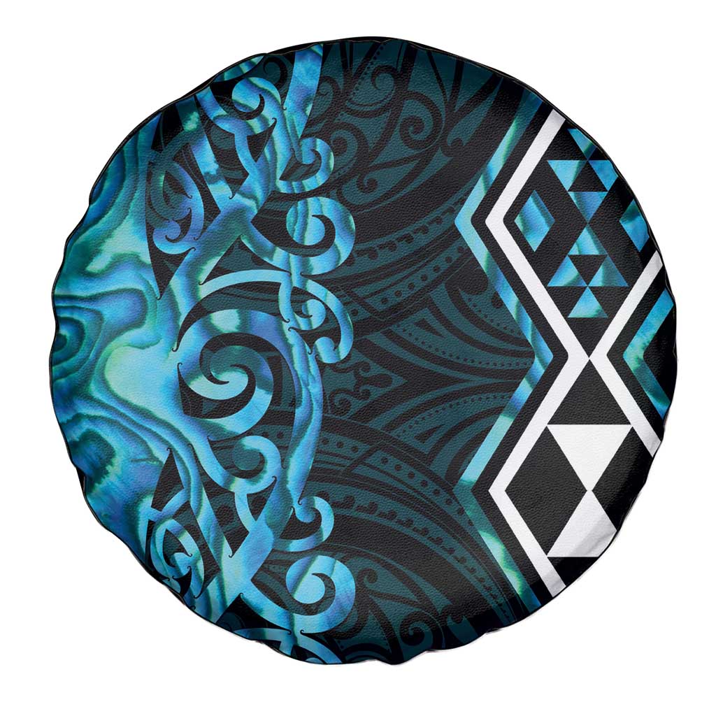Turquoise Aotearoa Spare Tire Cover Taniko Motifs With Paua Shell Kowhaiwhai LT14 - Polynesian Pride