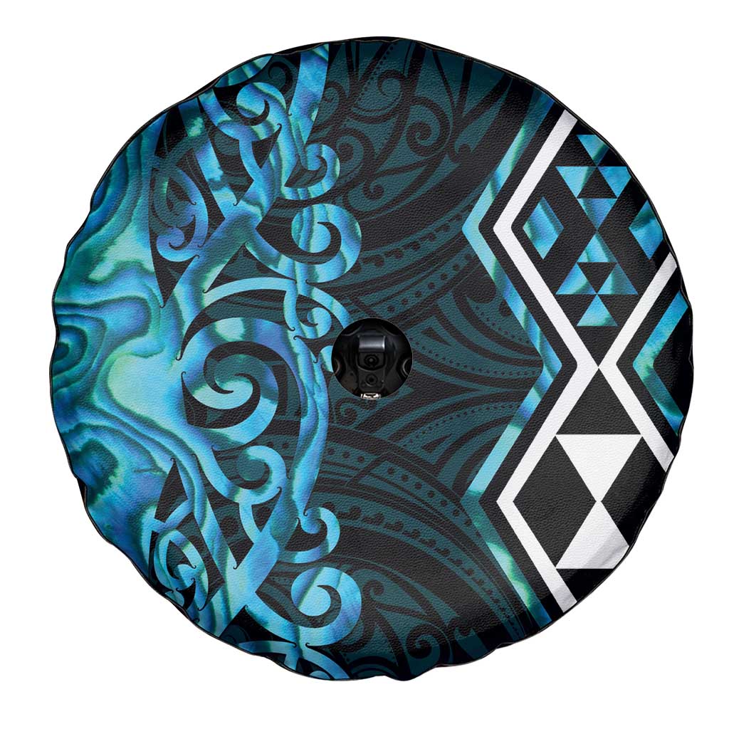 Turquoise Aotearoa Spare Tire Cover Taniko Motifs With Paua Shell Kowhaiwhai LT14 - Polynesian Pride