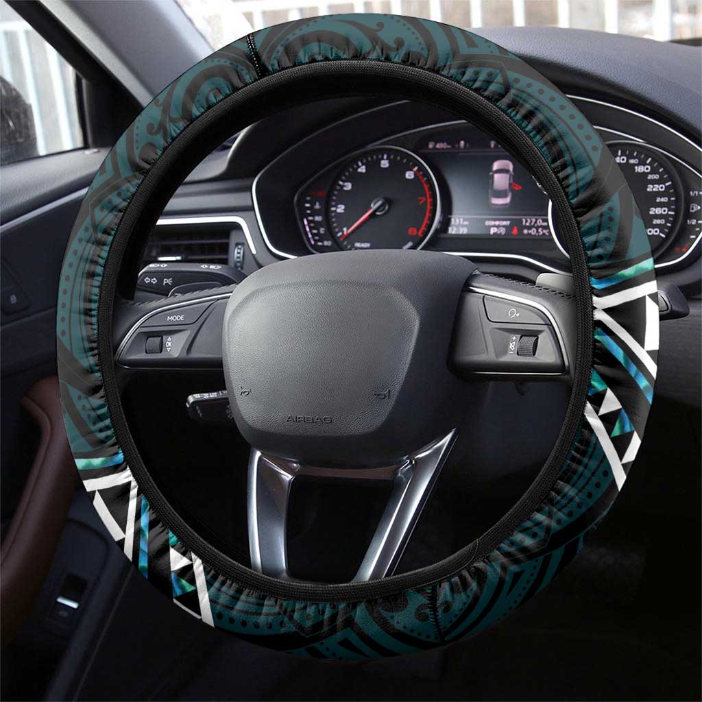 Turquoise Aotearoa Steering Wheel Cover Taniko Motifs With Paua Shell Kowhaiwhai LT14 - Polynesian Pride