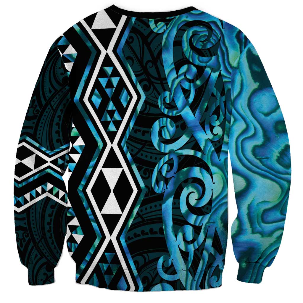 Turquoise Aotearoa Sweatshirt Taniko Motifs With Paua Shell Kowhaiwhai LT14 - Polynesian Pride