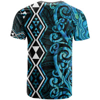 Turquoise Aotearoa T Shirt Taniko Motifs With Paua Shell Kowhaiwhai