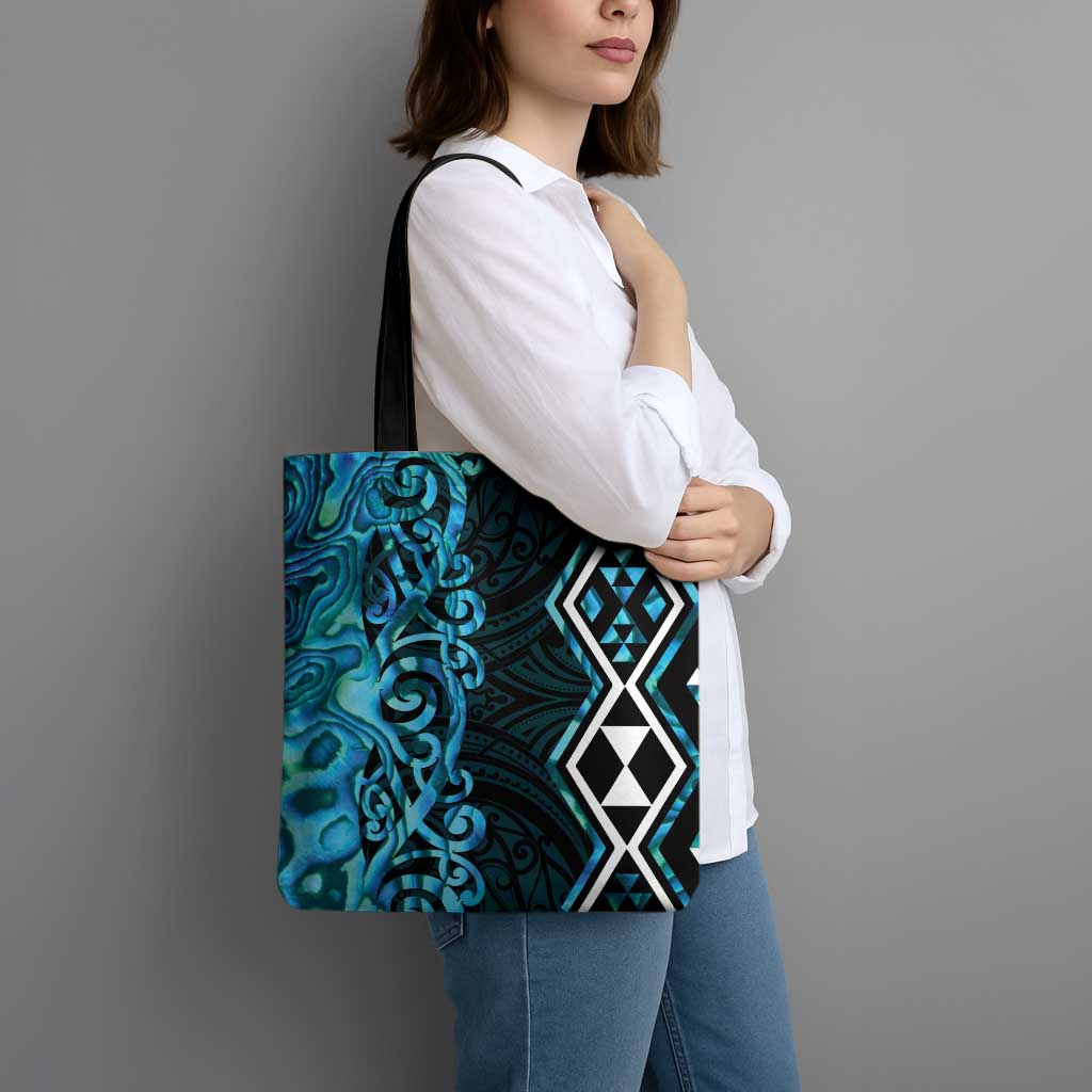 Turquoise Aotearoa Tote Bag Taniko Motifs With Paua Shell Kowhaiwhai - Polynesian Pride