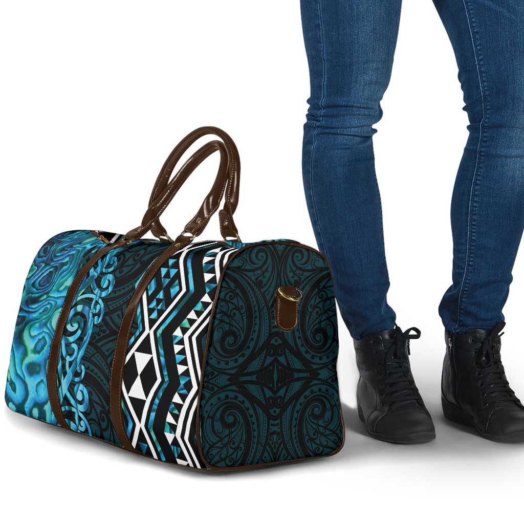 Turquoise Aotearoa Travel Bag Taniko Motifs With Paua Shell Kowhaiwhai - Polynesian Pride