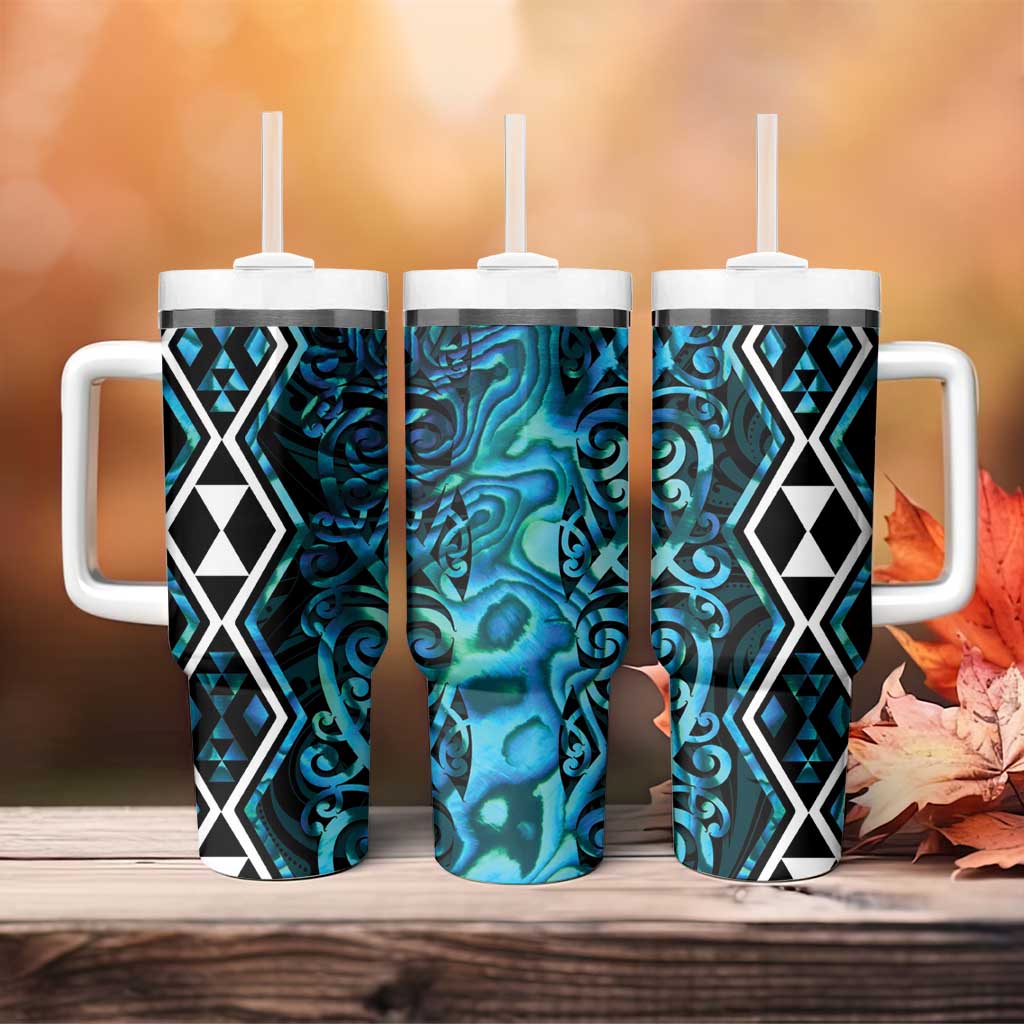 Turquoise Aotearoa Tumbler With Handle Taniko Motifs With Paua Shell Kowhaiwhai LT14 - Polynesian Pride