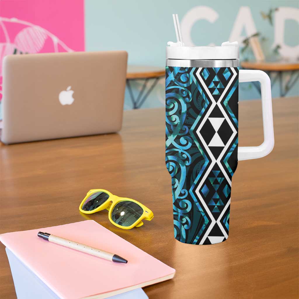 Turquoise Aotearoa Tumbler With Handle Taniko Motifs With Paua Shell Kowhaiwhai LT14 - Polynesian Pride