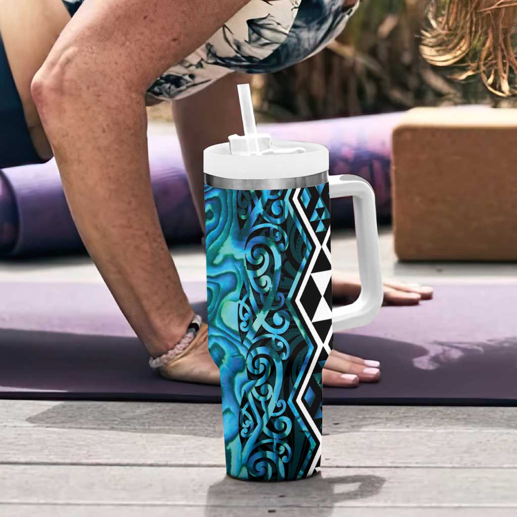 Turquoise Aotearoa Tumbler With Handle Taniko Motifs With Paua Shell Kowhaiwhai LT14 - Polynesian Pride