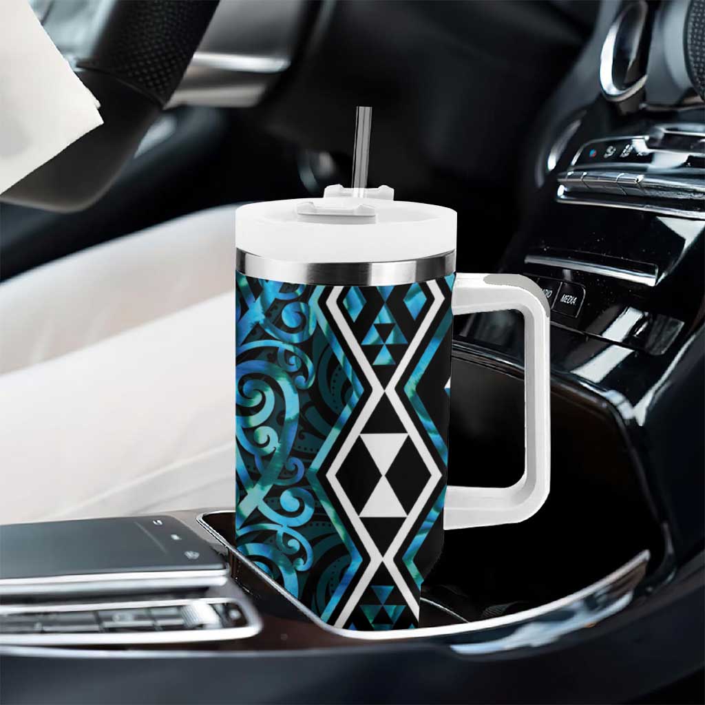 Turquoise Aotearoa Tumbler With Handle Taniko Motifs With Paua Shell Kowhaiwhai LT14 - Polynesian Pride