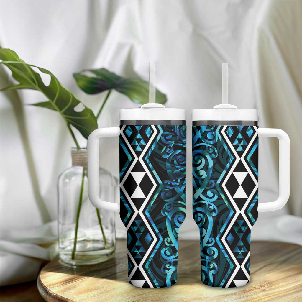 Turquoise Aotearoa Tumbler With Handle Taniko Motifs With Paua Shell Kowhaiwhai LT14 - Polynesian Pride