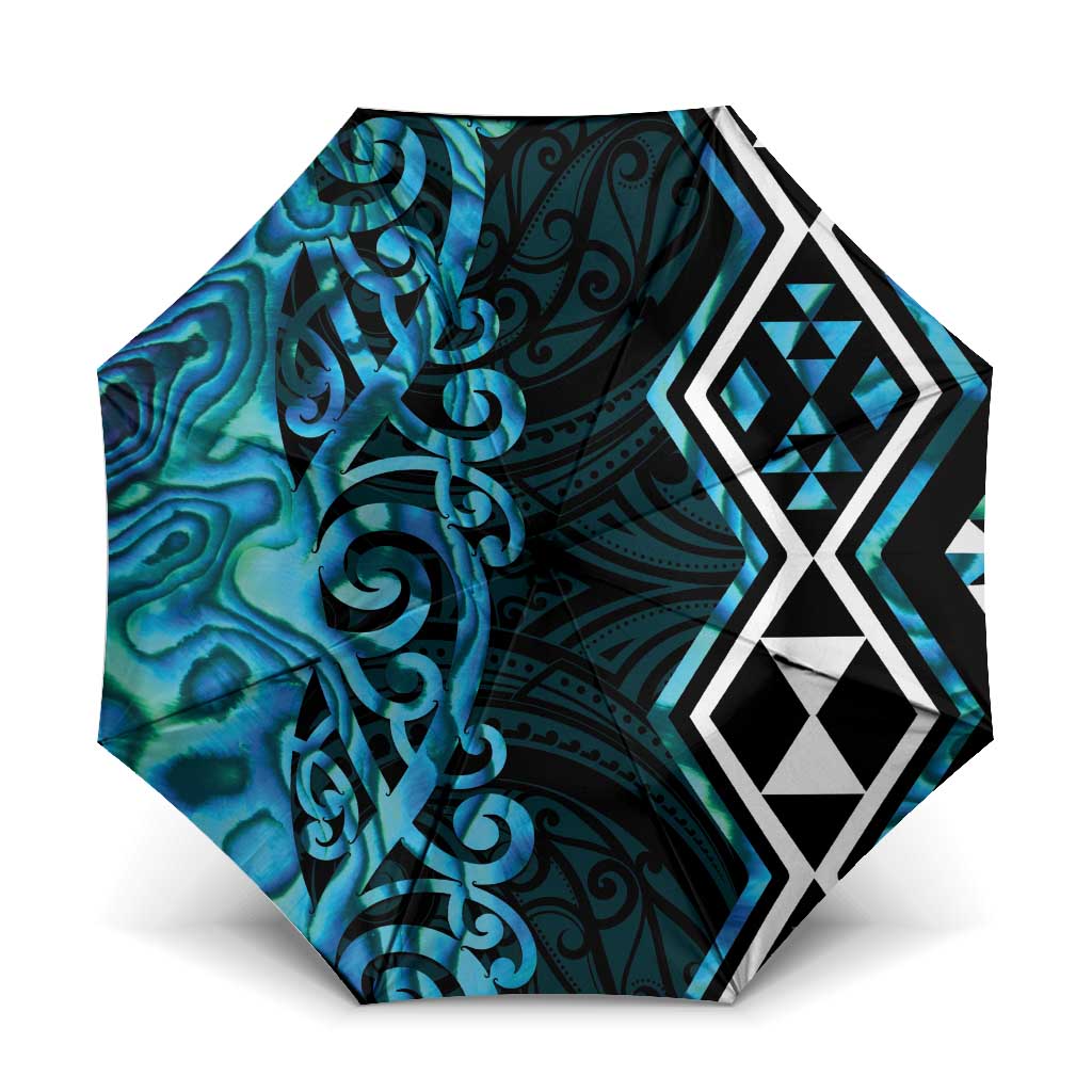 Turquoise Aotearoa Umbrella Taniko Motifs With Paua Shell Kowhaiwhai - Polynesian Pride