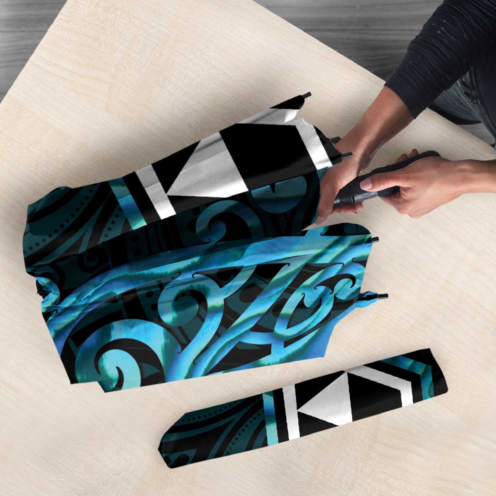 Turquoise Aotearoa Umbrella Taniko Motifs With Paua Shell Kowhaiwhai - Polynesian Pride