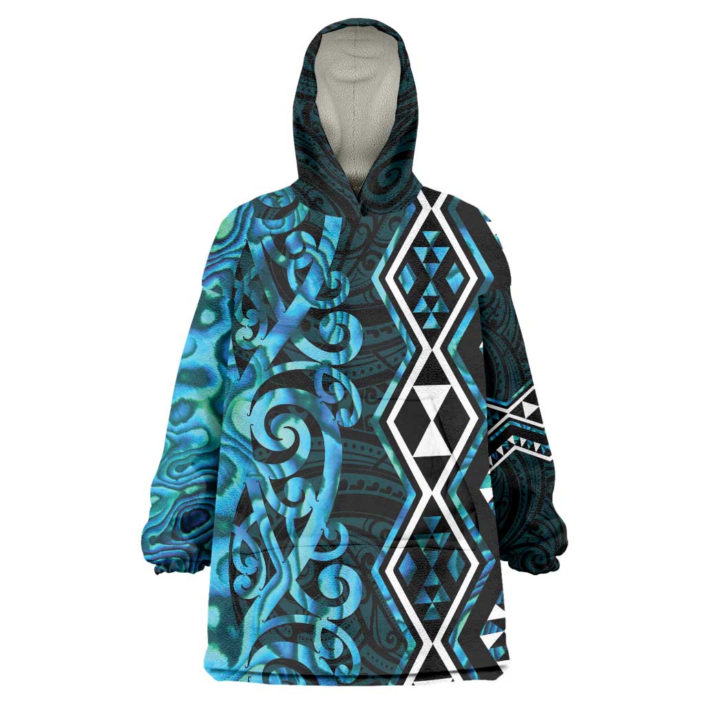 Turquoise Aotearoa Wearable Blanket Hoodie Taniko Motifs With Paua Shell Kowhaiwhai LT14 One Size Turquoise - Polynesian Pride