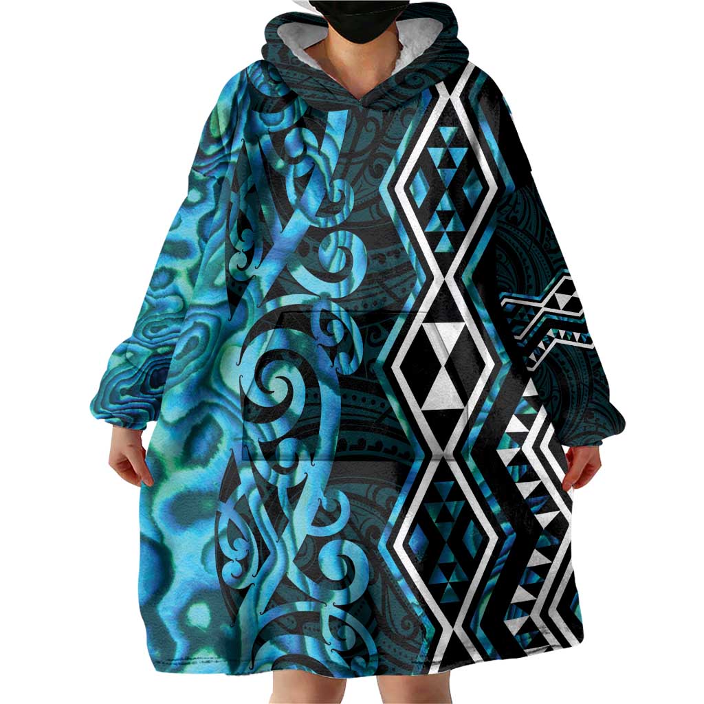 Turquoise Aotearoa Wearable Blanket Hoodie Taniko Motifs With Paua Shell Kowhaiwhai LT14 - Polynesian Pride