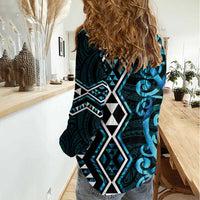 Turquoise Aotearoa Women Casual Shirt Taniko Motifs With Paua Shell Kowhaiwhai