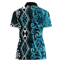Turquoise Aotearoa Women Polo Shirt Taniko Motifs With Paua Shell Kowhaiwhai