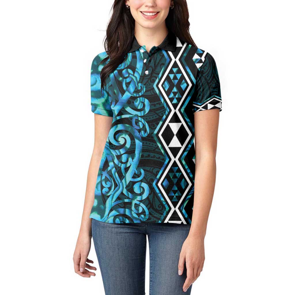 Turquoise Aotearoa Women Polo Shirt Taniko Motifs With Paua Shell Kowhaiwhai