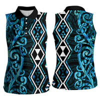 Turquoise Aotearoa Women Sleeveless Polo Shirt Taniko Motifs With Paua Shell Kowhaiwhai