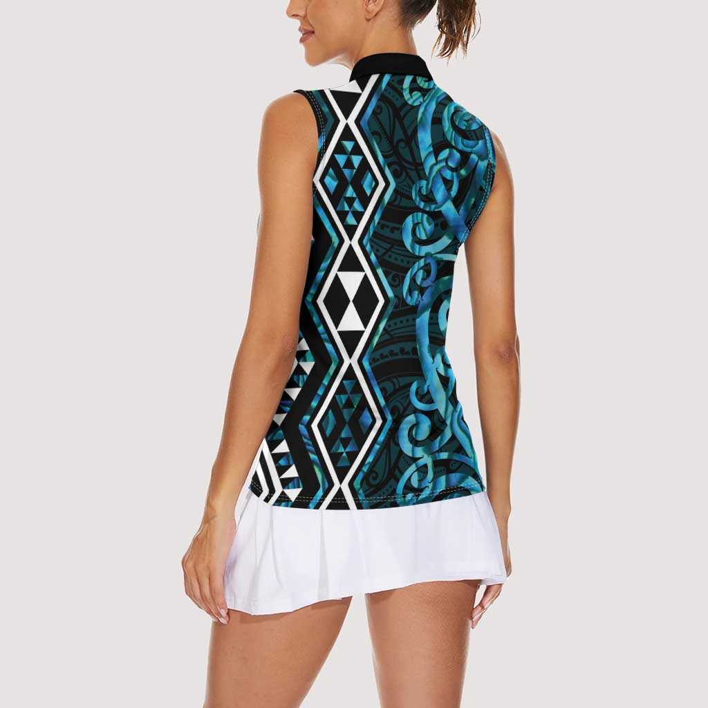 Turquoise Aotearoa Women Sleeveless Polo Shirt Taniko Motifs With Paua Shell Kowhaiwhai