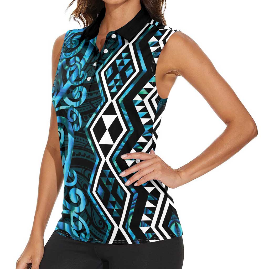 Turquoise Aotearoa Women Sleeveless Polo Shirt Taniko Motifs With Paua Shell Kowhaiwhai