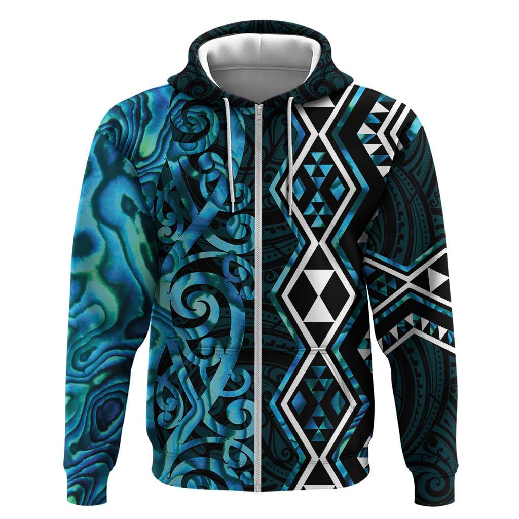 Turquoise Aotearoa Zip Hoodie Taniko Motifs With Paua Shell Kowhaiwhai