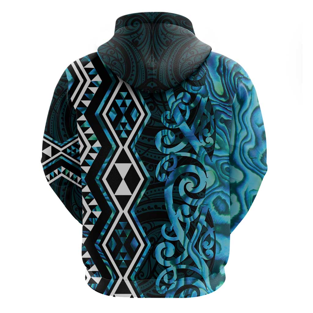Turquoise Aotearoa Zip Hoodie Taniko Motifs With Paua Shell Kowhaiwhai