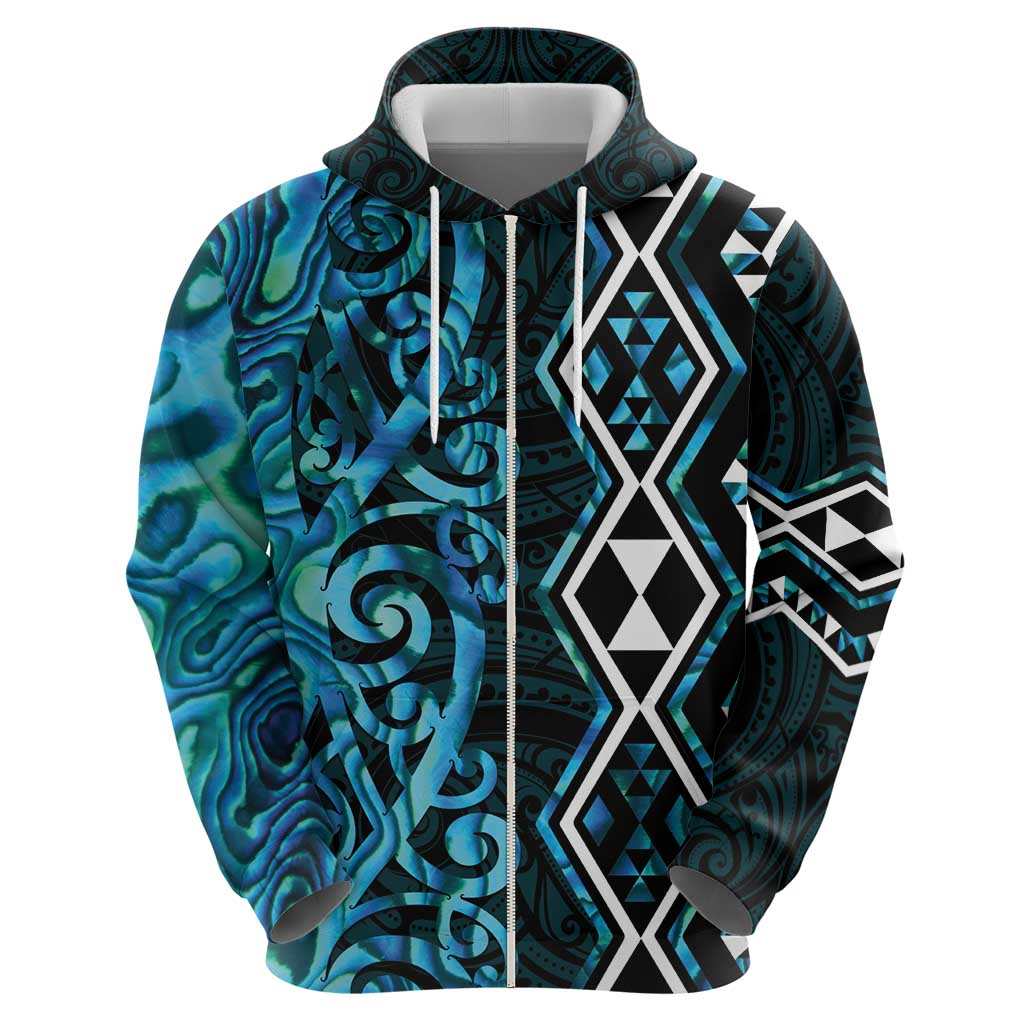 Turquoise Aotearoa Zip Hoodie Taniko Motifs With Paua Shell Kowhaiwhai