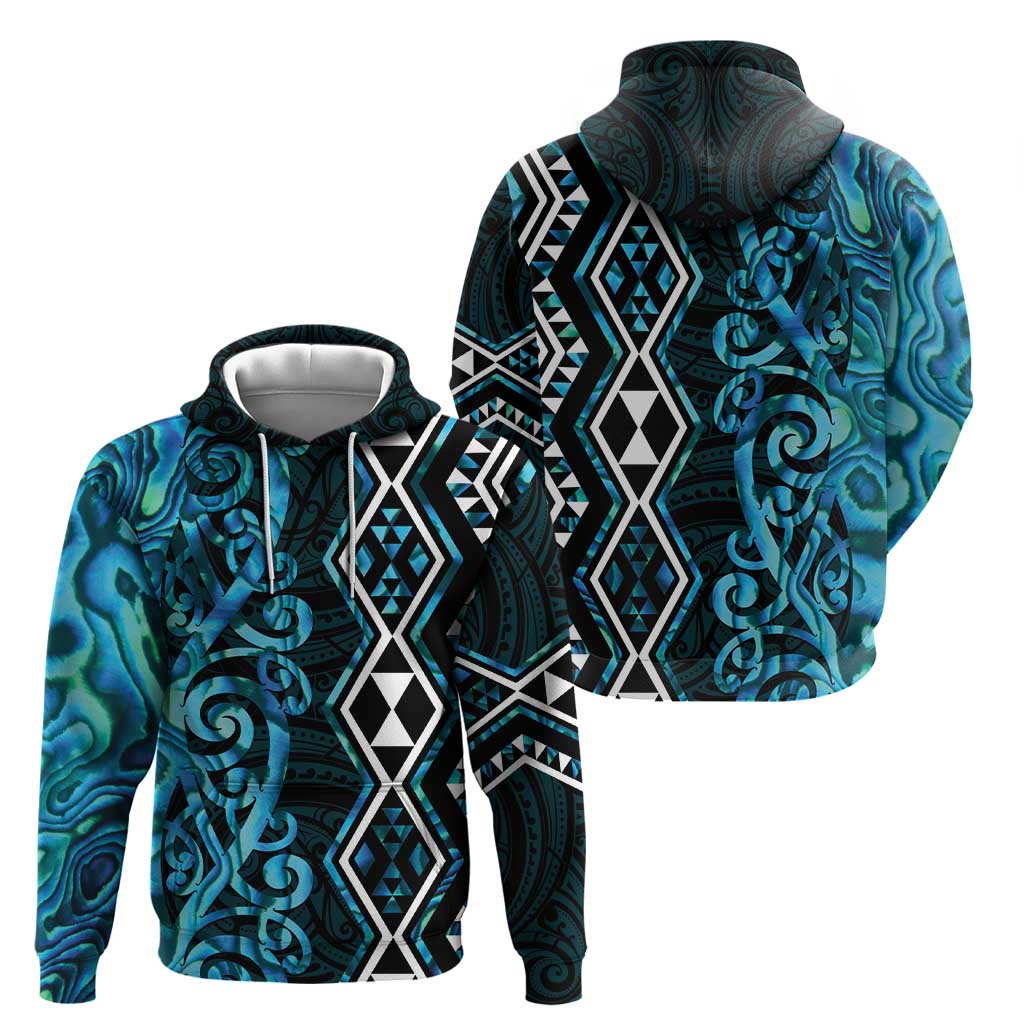 Turquoise Aotearoa Zip Hoodie Taniko Motifs With Paua Shell Kowhaiwhai