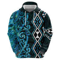 Turquoise Aotearoa Zip Hoodie Taniko Motifs With Paua Shell Kowhaiwhai