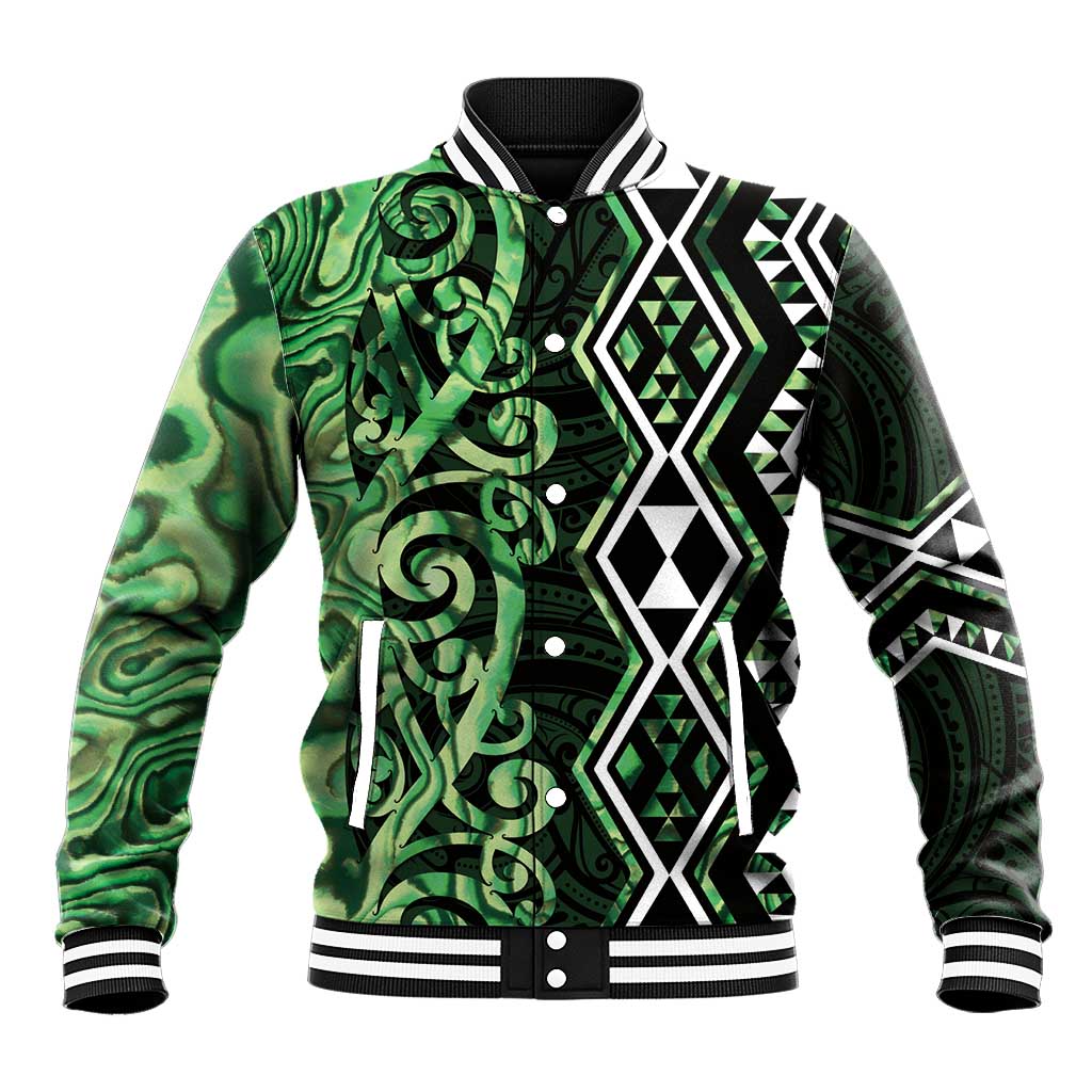 Green Aotearoa Baseball Jacket Taniko Motifs With Paua Shell Kowhaiwhai LT14 Unisex Green - Polynesian Pride