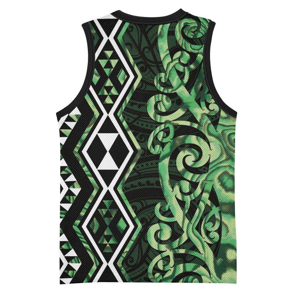 Green Aotearoa Basketball Jersey Taniko Motifs With Paua Shell Kowhaiwhai - Polynesian Pride