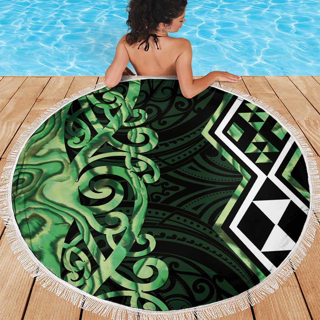 Green Aotearoa Beach Blanket Taniko Motifs With Paua Shell Kowhaiwhai LT14 - Polynesian Pride