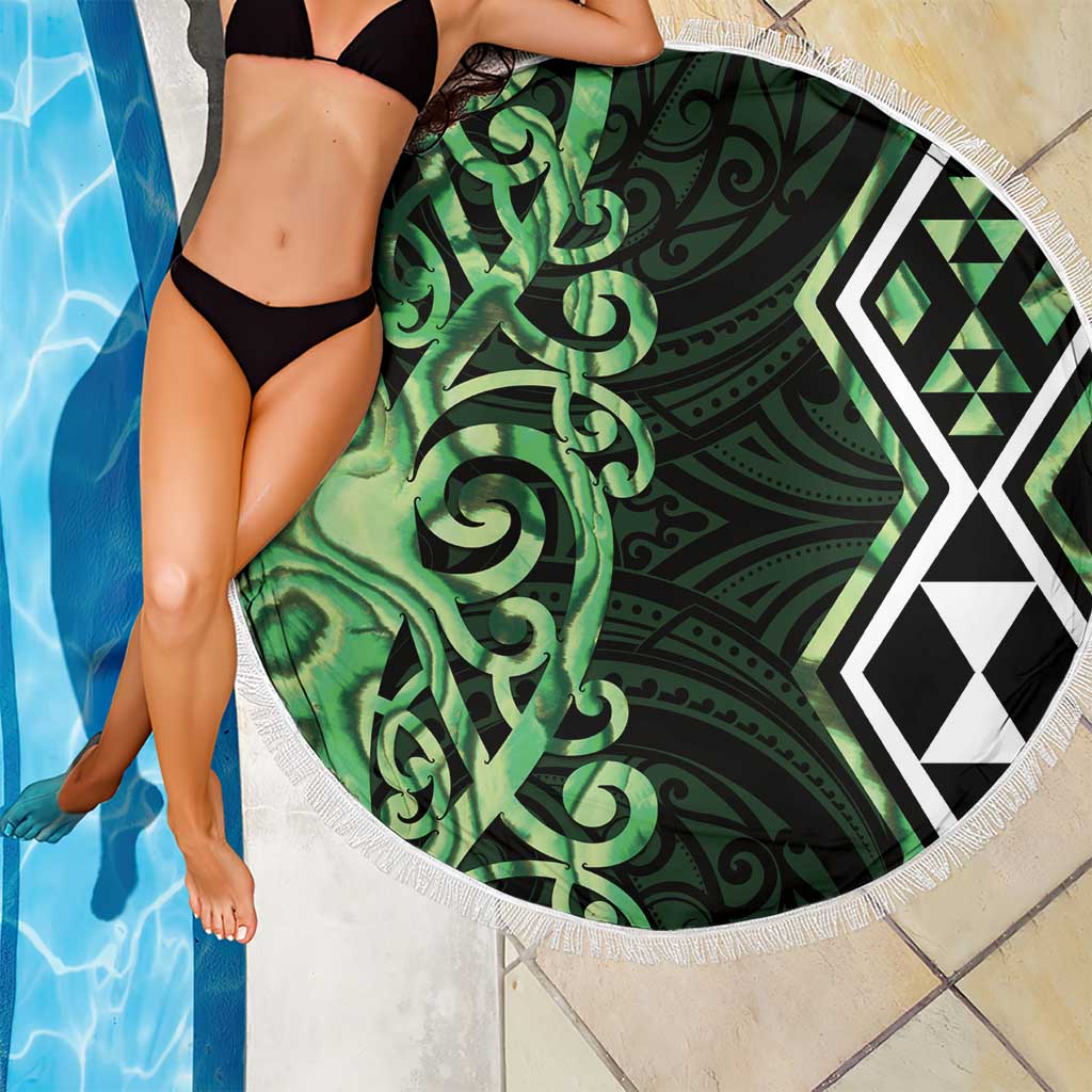 Green Aotearoa Beach Blanket Taniko Motifs With Paua Shell Kowhaiwhai LT14 - Polynesian Pride