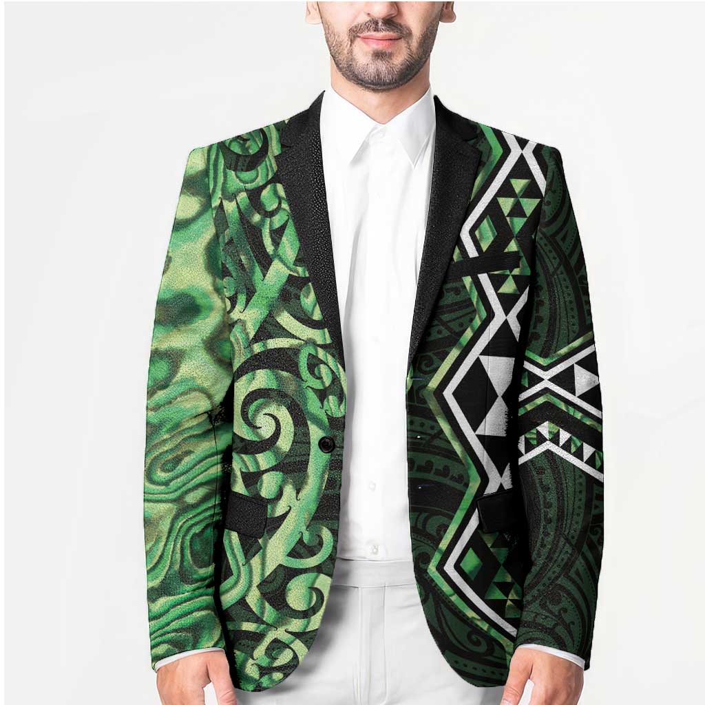 Green Aotearoa Blazer Taniko Motifs With Paua Shell Kowhaiwhai LT14 - Polynesian Pride