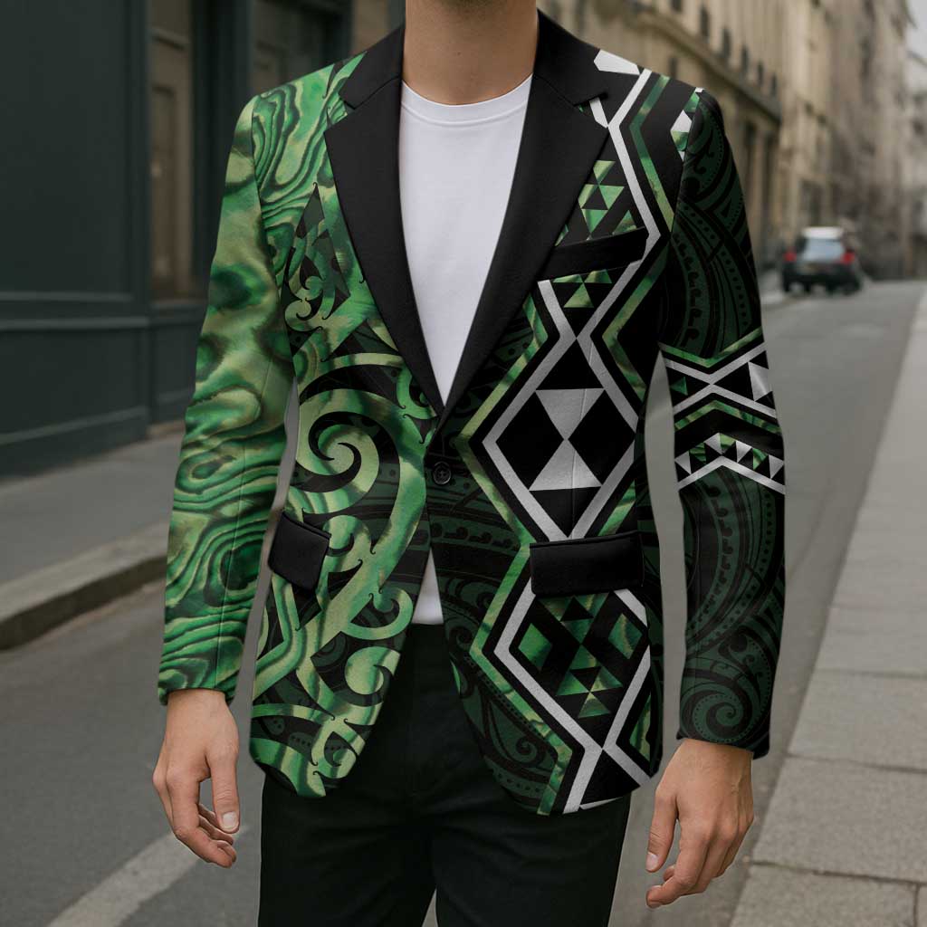 Green Aotearoa Blazer Taniko Motifs With Paua Shell Kowhaiwhai LT14 - Polynesian Pride