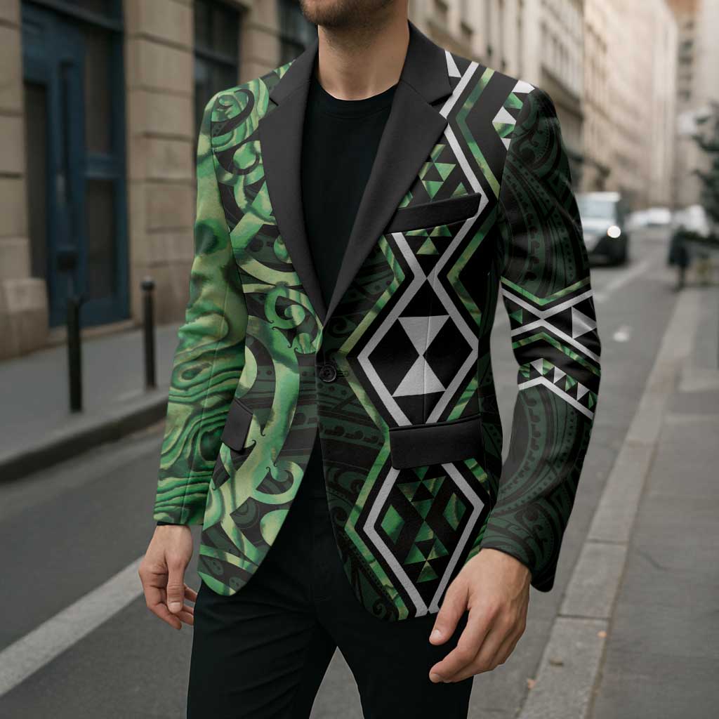 Green Aotearoa Blazer Taniko Motifs With Paua Shell Kowhaiwhai LT14 - Polynesian Pride