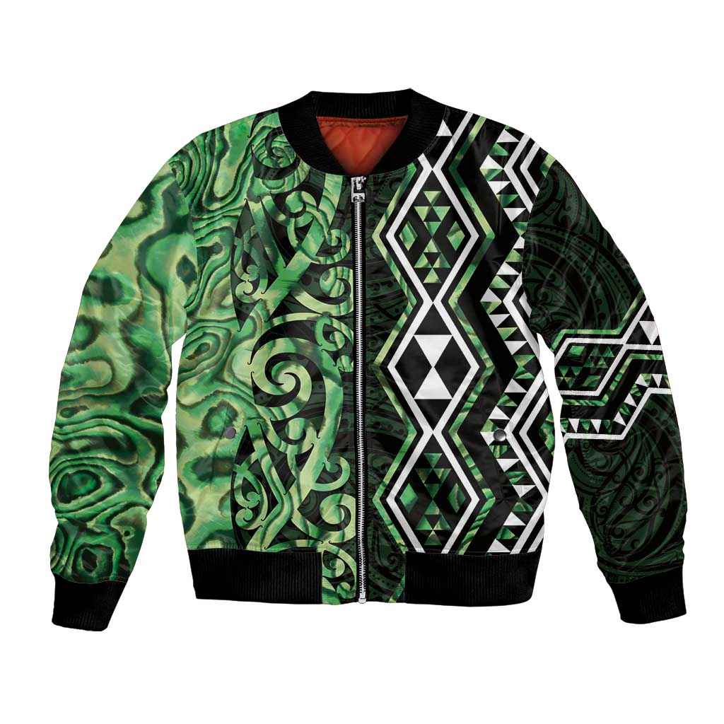 Green Aotearoa Bomber Jacket Taniko Motifs With Paua Shell Kowhaiwhai
