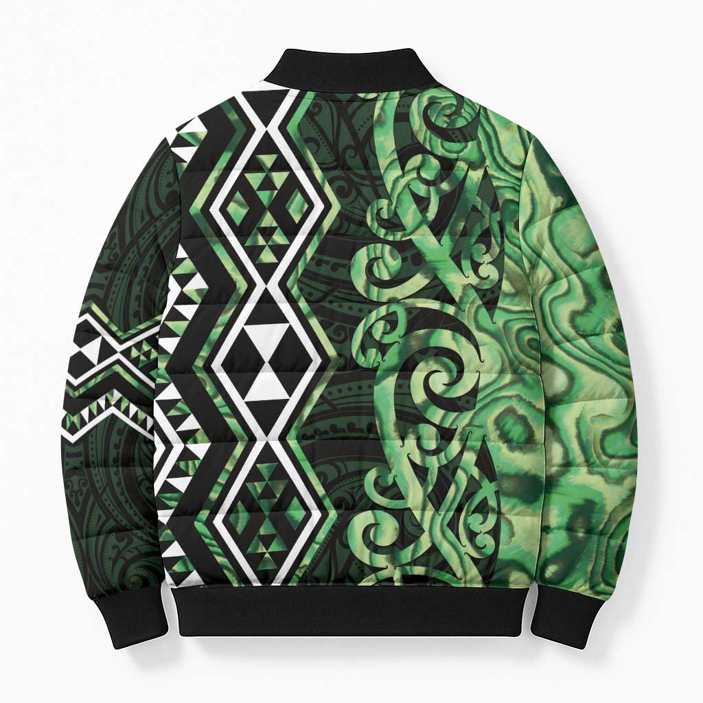 Green Aotearoa Bomber Puffer Jacket Taniko Motifs With Paua Shell Kowhaiwhai LT14 - Polynesian Pride
