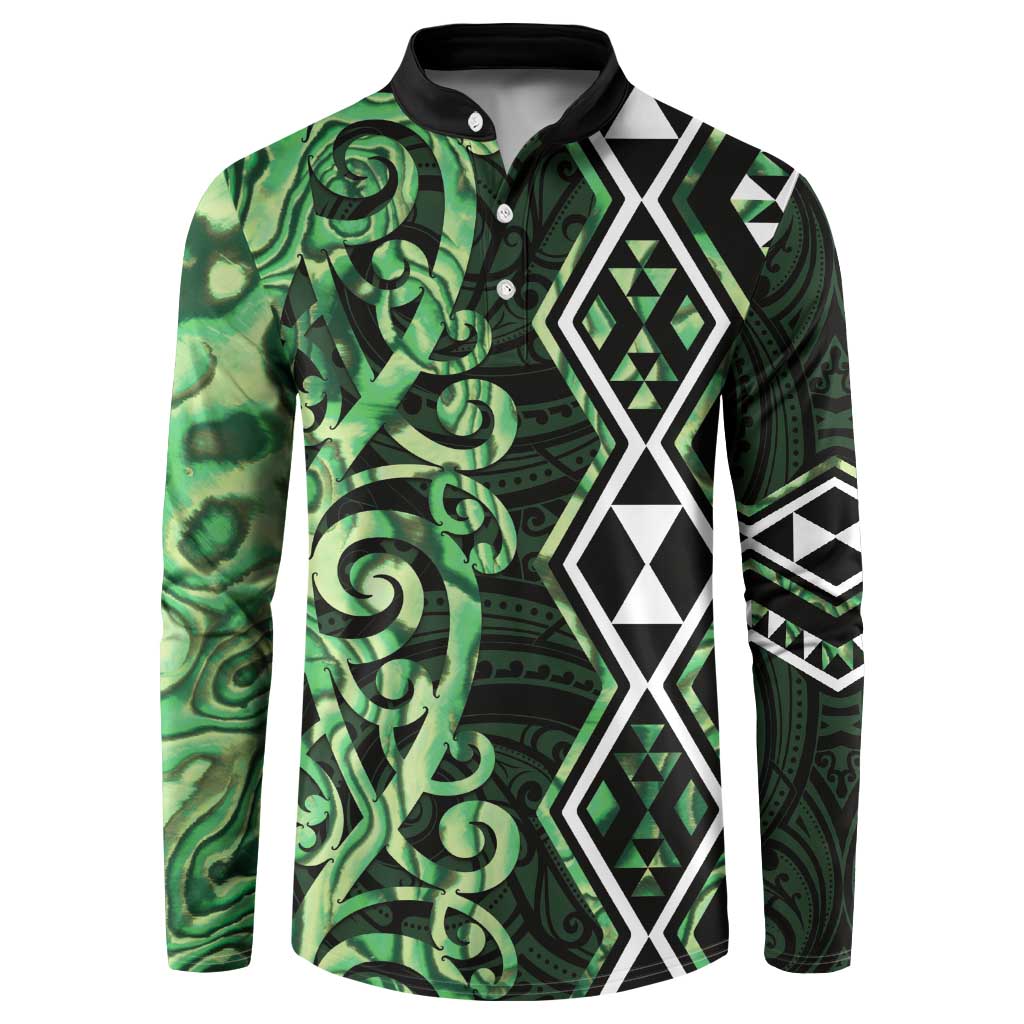 Green Aotearoa Button Sweatshirt Taniko Motifs With Paua Shell Kowhaiwhai LT14 Green - Polynesian Pride