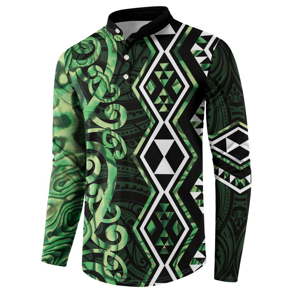 Green Aotearoa Button Sweatshirt Taniko Motifs With Paua Shell Kowhaiwhai LT14 - Polynesian Pride