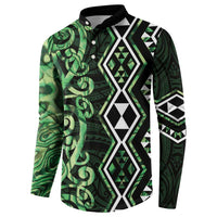 Green Aotearoa Button Sweatshirt Taniko Motifs With Paua Shell Kowhaiwhai LT14 - Polynesian Pride