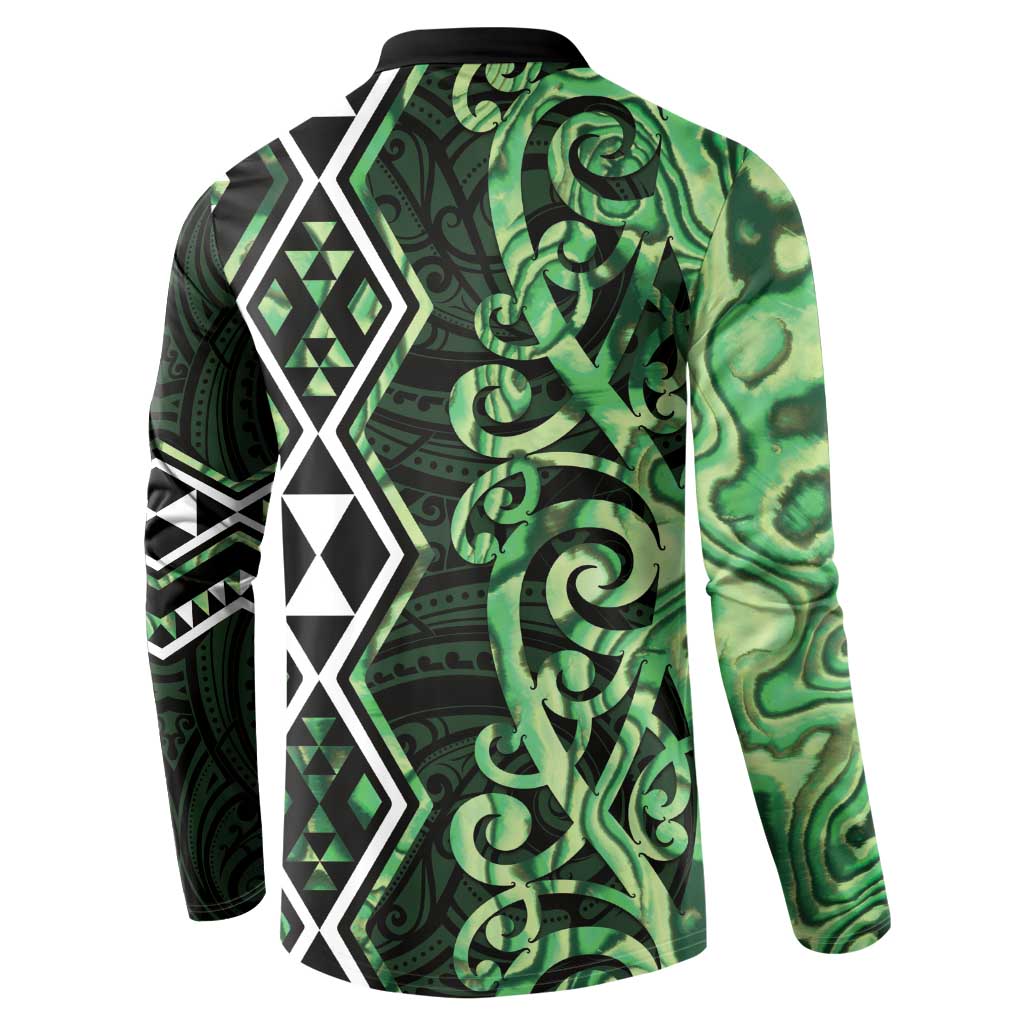 Green Aotearoa Button Sweatshirt Taniko Motifs With Paua Shell Kowhaiwhai LT14 - Polynesian Pride