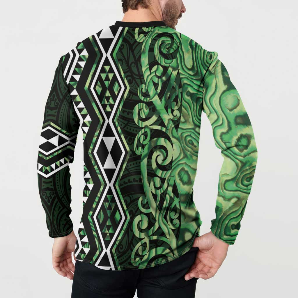 Green Aotearoa Button Sweatshirt Taniko Motifs With Paua Shell Kowhaiwhai LT14 - Polynesian Pride