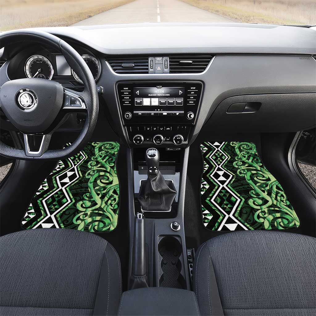 Green Aotearoa Car Mats Taniko Motifs With Paua Shell Kowhaiwhai LT14 Set 2pcs - Front Green - Polynesian Pride