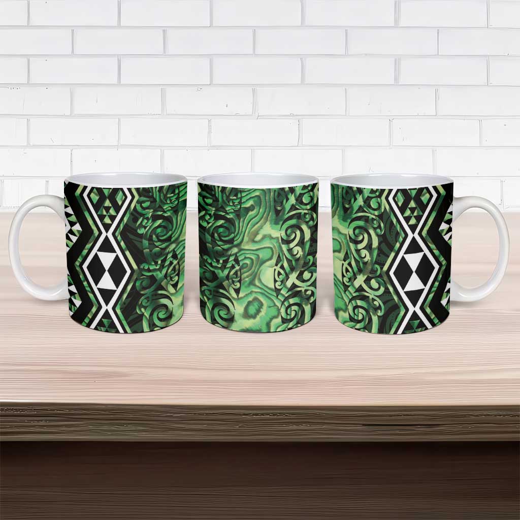 Green Aotearoa Ceramic Mug Taniko Motifs With Paua Shell Kowhaiwhai - Polynesian Pride
