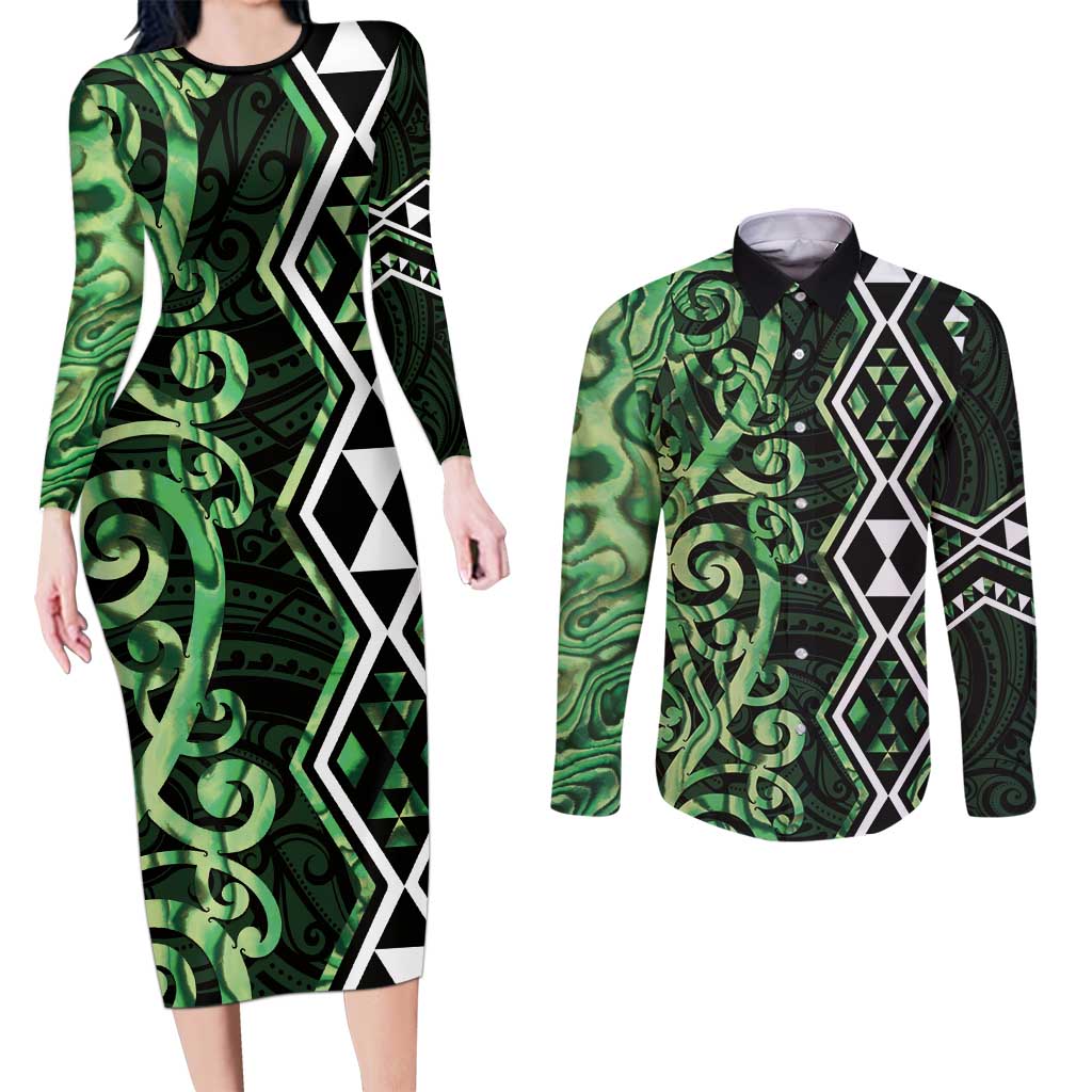 Green Aotearoa Couples Matching Long Sleeve Bodycon Dress and Long Sleeve Button Shirt Taniko Motifs With Paua Shell Kowhaiwhai