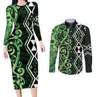 Green Aotearoa Couples Matching Long Sleeve Bodycon Dress and Long Sleeve Button Shirt Taniko Motifs With Paua Shell Kowhaiwhai
