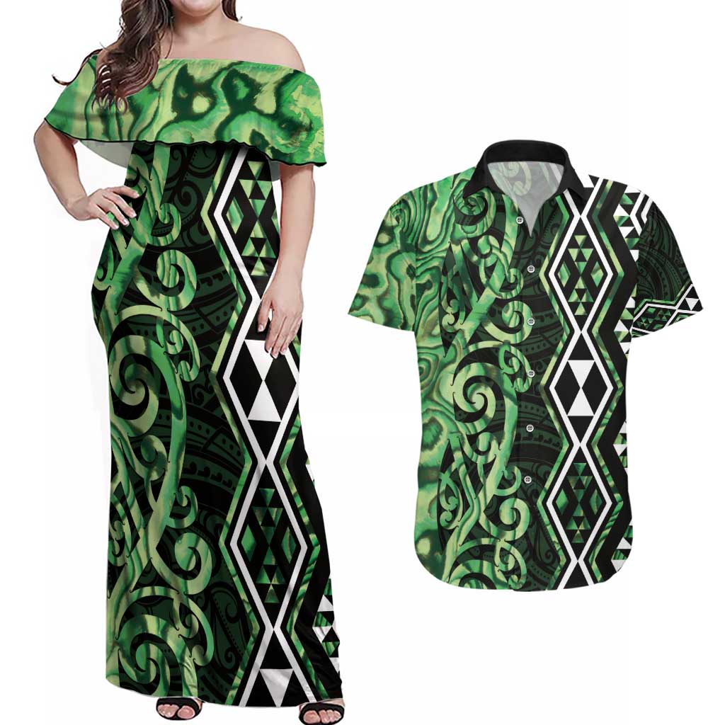 Green Aotearoa Couples Matching Off Shoulder Maxi Dress and Hawaiian Shirt Taniko Motifs With Paua Shell Kowhaiwhai