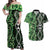 Green Aotearoa Couples Matching Off Shoulder Maxi Dress and Hawaiian Shirt Taniko Motifs With Paua Shell Kowhaiwhai