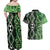 Green Aotearoa Couples Matching Off Shoulder Maxi Dress and Hawaiian Shirt Taniko Motifs With Paua Shell Kowhaiwhai