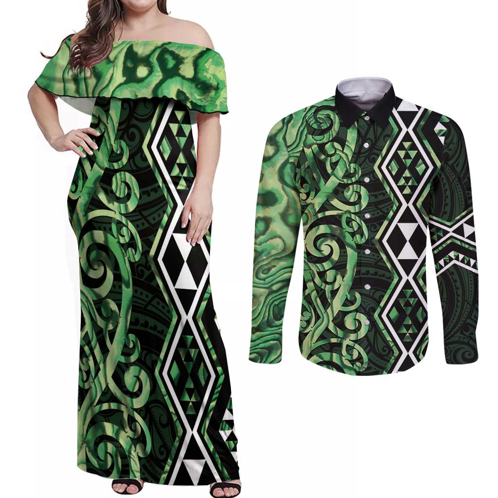 Green Aotearoa Couples Matching Off Shoulder Maxi Dress and Long Sleeve Button Shirt Taniko Motifs With Paua Shell Kowhaiwhai