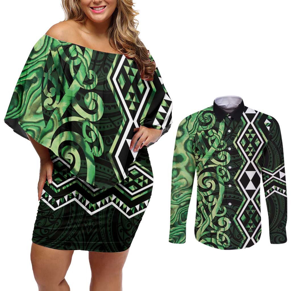 Green Aotearoa Couples Matching Off Shoulder Short Dress and Long Sleeve Button Shirt Taniko Motifs With Paua Shell Kowhaiwhai